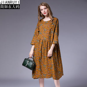 2024 large size women's fat mm autumn new linen cotton literary floral pleated stitching loose dress 9831