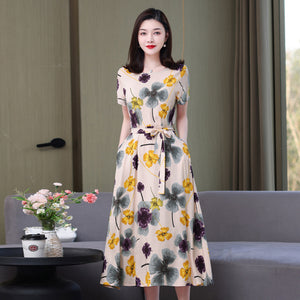 Artificial cotton silk dress women's clothing 2023 summer new middle-aged mother mid-length over-the-knee plus-size loose skirt